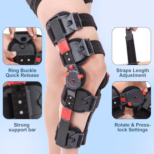 Hinged ROM Knee Brace with Side Stabilizers, Adjustable Post Op Knee Support Orthosis Immobilizer for ACL, PCL and MCL Injury, Medical Knee Orthopedic Support, Leg Stabilizer for Left or Right Leg, Men and Women (Red)