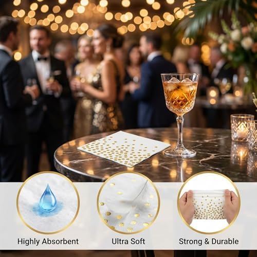 Stylish Paper Napkins 100 Packs,6.5" White Napkins with Gold Polka Dots Design,Great Cocktail Napkins,Dinner Napkins Disposable for Easter Wedding Birthday Party or Daily Use