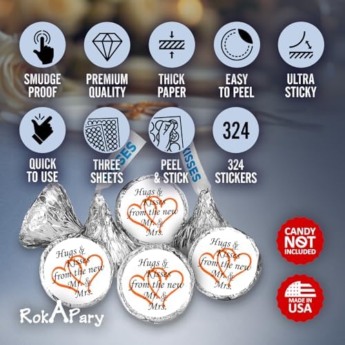 324 Hugs and Kisses from The New Mr. & Mrs. with Interlocking Hearts Wedding Stickers, Chocolate Drops Labels for Bridal Shower Engagement Party Decorations, Kiss Favors Decor. Made in USA (Orange)