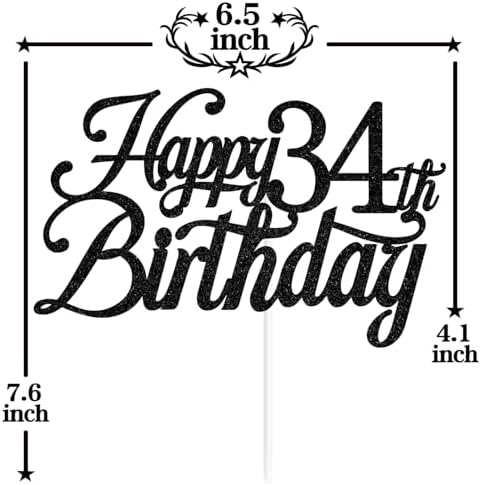 Black Glitter Happy 34th Birthday Cake Topper, Cheers to 34 Years/34 & Fabulous/34 Years Loved & Blessed, Funny 34th Birthday Party Decorations Supplies