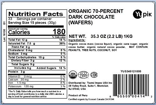 Yupik Organic Dark Chocolate Wafers, 70% Cacao, 2.2 lb (35.2 oz), Vegan, Gluten-Free, GMO-Free, Kosher, Dairy-Free, Rich Dark Chocolate, Melts Smoothly, Ideal for Snacking, Baking, Coating & Topping