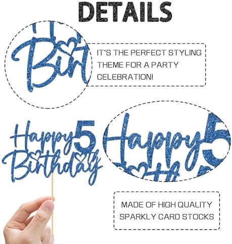 WeBenison Happy 5th Birthday Cake Topper Children's 5th Birthday Cake Topper Boy or Girl Five Years Old Birthday Party Decorations Blue Glitter