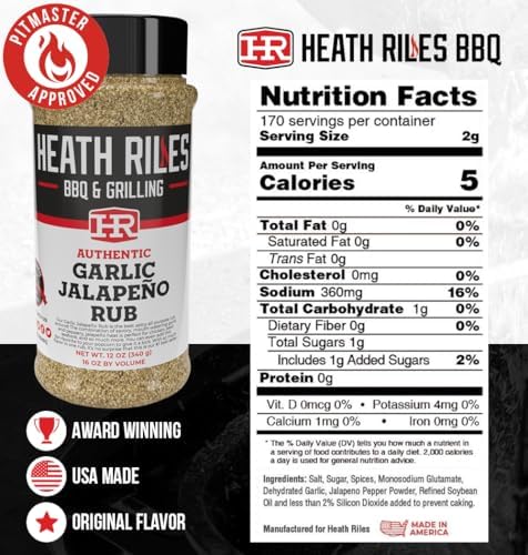 Heath Riles BBQ Rub - Garlic Jalapeño Seasoning, Champion Pitmaster Recipe, Legendary Rubs For Smoking & Grilling, 80+ BBQ Championships, 12 oz.