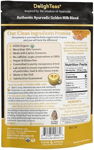 DelighTeas Organic Golden Milk Powder with Turmeric, Ginger, Ceylon Cinnamon | Ayurvedic Spices for Golden Turmeric Latte | Unsweetened, Vegan, Non-GMO, Keto | 120 Servings, 5 oz.