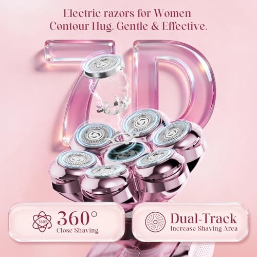 Electric Razors for Women - 7D Electric Shaver for Women, IPX8 Waterproof with USB-C Fast Charge, LED Display, 2 Speeds & Magnetic Heads,Raspberry Sorbet