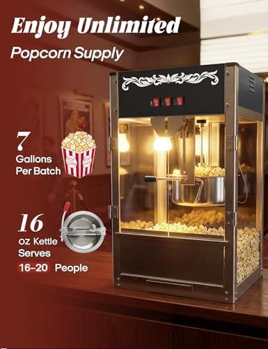 Commercial Popcorn Machine, Authentic 16oz Kettle Countertop Popcorn Maker with Waming Deck, 1600W Large Popcorn Machine for Restaurant, Concession Stand, Carnival, School, Black