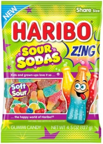 HARIBO Sour Sodas Gummy Candy, Assorted Soda Flavors, 4.5 oz Bags (Pack of 12)