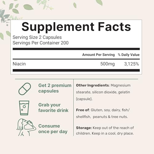 Micro Ingredients Niacin 500mg Per Serving, 400 Capsules | Flush Free B3 Vitamins | Double Strength Essential B Vitamin Supplement | Skin Care Health & Energy Support | Non-GMO, Gluten Free