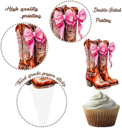 Western Cowgirl Bow Cupcake Toppers 48Pcs Brown Pink Cowgirls Birthday Decorations Disco Bowknot Cactus Cupcake Picks Coquette Cake Decor for Girls Women Baby Shower Bachelorette Party Supplies
