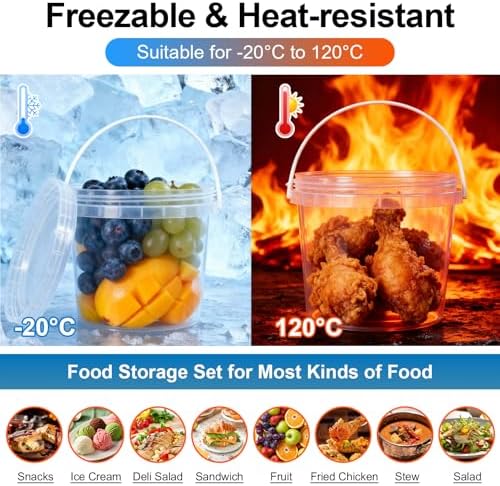 4 Pack 64oz Food Grade Plastic Buckets with Screw Lids & Handle, Reusable Storage Containers for Snacks, Salad, Sauce - Clear Freezer Safe Bucket Set
