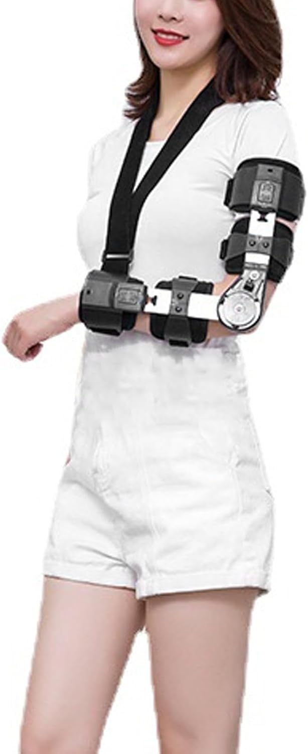 Hinged ROM Elbow Brace with Strap Sling, Adjustable Aluminium Alloy Post OP ROM Elbow Brace Stabilizer Splint Arm Injury Recovery Support for Women & Men (Left Hand)
