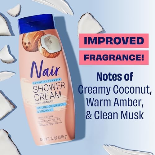 Nair Sensitive Shower Cream Hair Remover with Natural Coconut Oil and Vitamin E, Body Hair Removal Cream, 12 oz (Pack of 2)