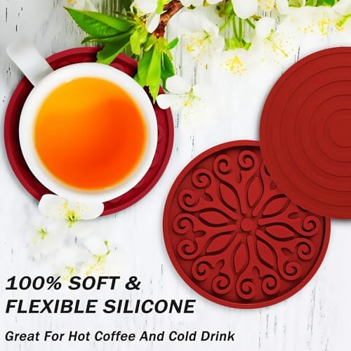 Silicone Coasters for Drinks,Resistant Reusable Drink Coasters-Great Gift for Birthday, Housewarming,Room Decor,Holiday Party (2-Red)