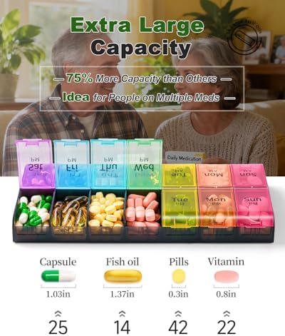 Extra Large Pill Organizer 2 Times a Day, Weekly XL AM PM Pill Case, 7 Day Pill Box Twice a Day, Oversized Daily Medicine Organizer for Vitamins, Big Pill Container, Medication Dispenser (Rainbow)