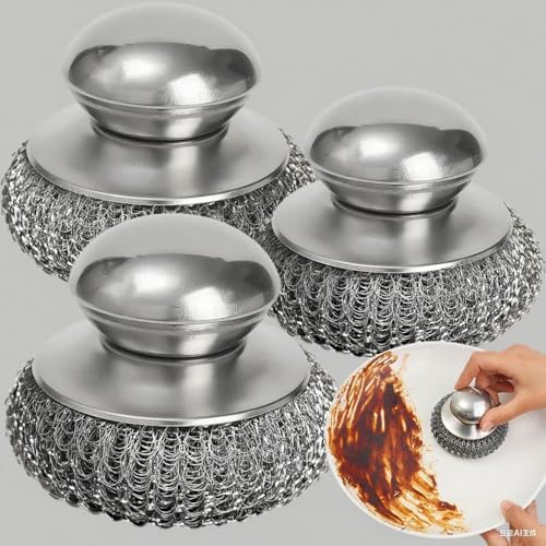 Kitchen Stainless Steel Pot Brush with Handles Dishwashing Wire Ball Heavy Duty Metal Scrubber Home Pot Pan Cleaning Tool (1Pcs)