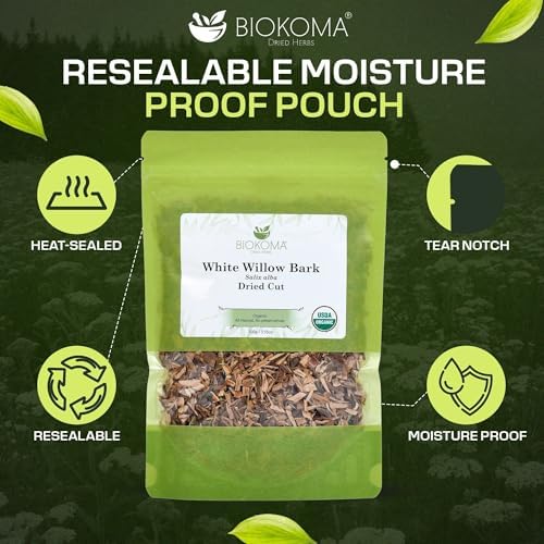 Biokoma Organic White Willow Bark Dried Cut 3.55 oz - Salix Alba Loose Herbal Tea - USDA Organic - Resealable Moisture Proof Pouch - No Additives - No Preservatives - Non GMO - Kosher