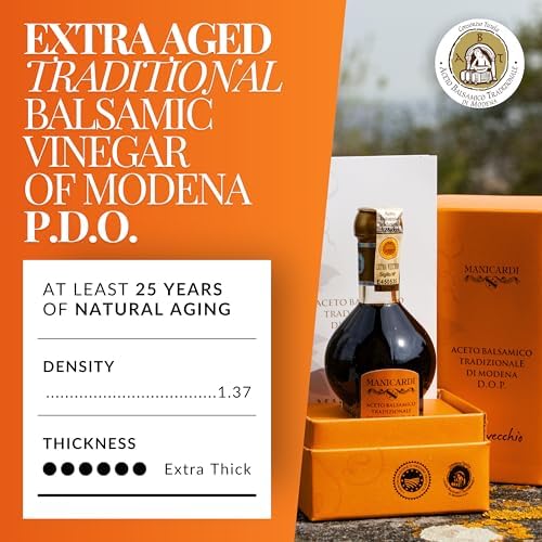 MANICARDI Extra Aged Balsamic Vinegar of Modena PDO - 25 Years - Perfect for Snacks, Pasta, Vegetables, Salad Dressings and Meat - Made in Italy - 3.38 Fl Oz (100 ml)
