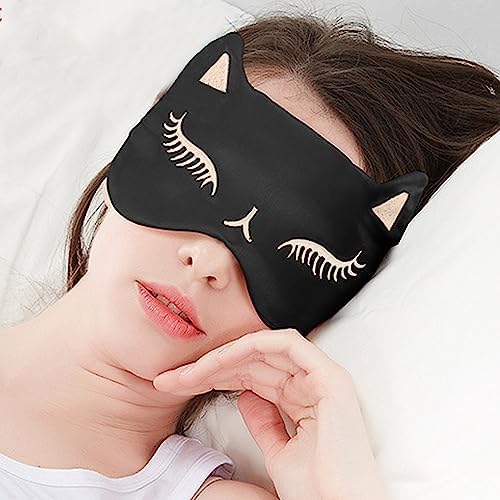 Drizzle Cat Eye Mask Natural Silk Sleep Mask Cute Smooth and Soft Eye Covers for Sleeping (2pcs Black)