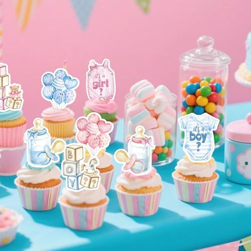 72Pcs Edible Gender Reveal Boy and Girl Cupcake Picks Wafer Paper Bear Gender Reveal Question Mark Cake Topper Decorations for Boy Girl Twins Baby Shower Pink Blue