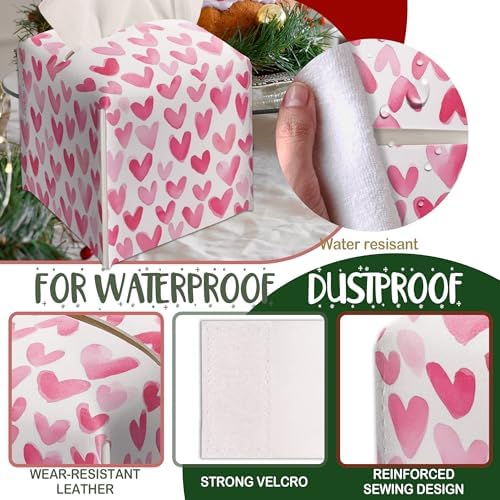 Modern Square Leather Tissue Box Cover/Case Holder Gifts for Women Family and Friends, Decorative Holder/Organizer for Bathroom Kitchen Nightstand Office Home (Pink Heart)