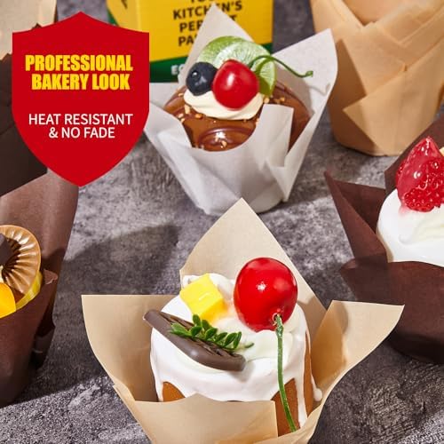 200PCS Tulip Cupcake Liners, Unbleached Standard Size Parchment Cupcake Liners, Food Grade Greaseproof Muffin Liners, Cupcake Wrapper for Baking, Party, Birthday, Christmas