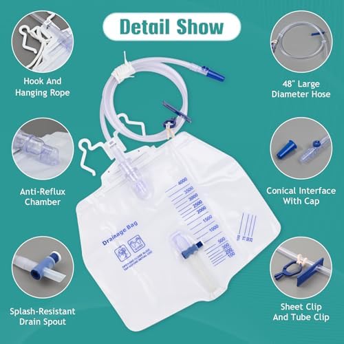 5 Pack Urinary Drainage Bag with Anti-Reflux Chamber, 4000ml Large Capacity, 48" Drainage Tube, Professional Urine Bags with Clips and Hanging Hook, Catheter Bags for Men