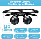 3.5 X 420mm Binocular Loupes Magnifier Glasses with LED Head Light+Aluminum Box Silver, Premium Optics Delivers Clear Imaging