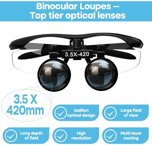 3.5 X 420mm Binocular Loupes Magnifier Glasses with LED Head Light+Aluminum Box Silver, Premium Optics Delivers Clear Imaging