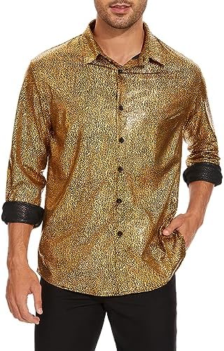 Zando Mens Disco Shirt Outfit Retro 70s Shirts for Men Sequin Glitter Long Sleeve Button Down Disco Outfits Party Costume