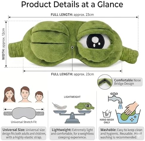 Cute Frog Plush Sleep Mask, Soft Fluffy Eye Mask for Sleeping, Funny Winking Frog Design Blindfold with Elastic Strap, Comfortable Night Eye Cover for Travel, Nap, Meditation, Kids & Adults, Green
