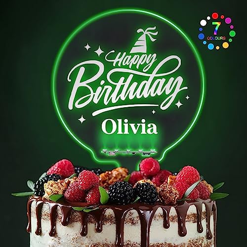 LED Personalized Happy Birthday Cake Toppers 7 Colour Changes Light Up Cake Topper Acrylic Cake Toppers Cake Decorations for 1st 16th 18th 20th 21st 30th 40th 50th 60th 70th(Design1)