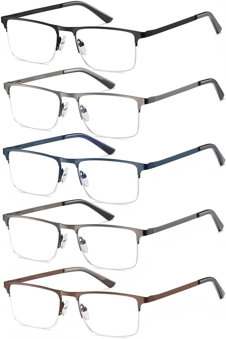 EYECEDAR 5 Pack Quality Reading Glasses Men Metal Half Frame Spring Hinges Blue Light Blocking Computer Eyeglasses Readers for Men 2.5