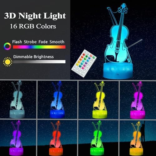 Violin Night Light, Violin Gifts, Cello 3D Illusion Lamp with 16 Colors Changing, Timer, 4 Flash Modes and Dimmable, Kids Boys Girls Room Decoration, Holiday Xmas Music Gifts