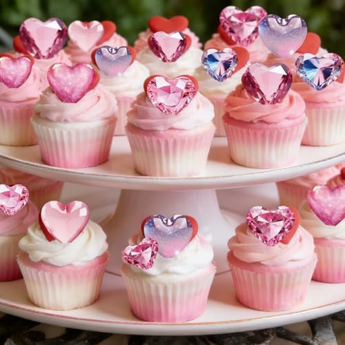 56PCS Edible Crystal Heart Cupcake Toppers Wafer Paper Pink Diamond Heart Cupcake Picks Be Mine Cake Decor for Valentine's Day Theme Engagement Party Decoration Supplies