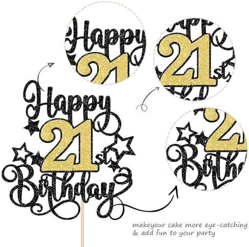 1 PCS Happy 21st Birthday Cake Topper Black Gold Glitter Cheers to 21 Years Birthday Cake Pick Hello 21 Fabulous Cake Decoration for Happy 21st Birthday Anniversary Party Decorations Supplies