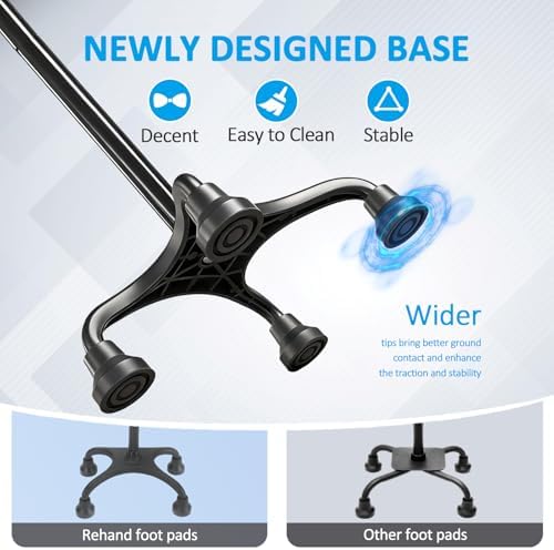 Rehand Quad Cane, Walking Cane with Ergonomic Handle Ever and Graceful 4-Pronged Base for Extra Stability, Adjustable Walking Sticks for Right or Left Handed Men & Women and Seniors