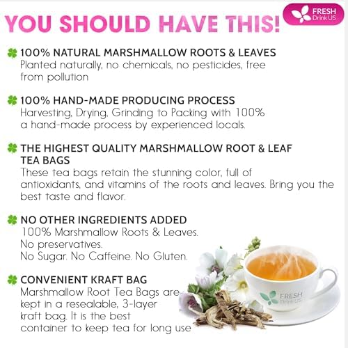 FreshDrinkUS, Premium 55 Marshmallow Root and Leaf Tea Bags, 100% Natural & Pure. Loose Leaf Marshmallow Herbal Tea. Made with Eco-Conscious Tea Bags. No Sugar, No Caffeine, No Gluten, Vegan.