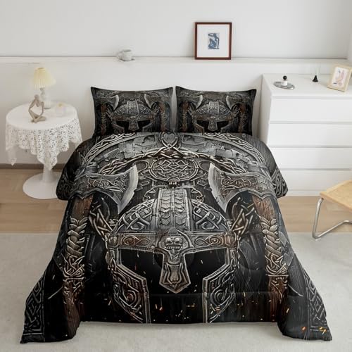 Erosebridal Ancient Viking Comforter Set Viking Warrior Twin Bedding Set for Kids Teen Adults,Black Double Battleaxe Bedding Comforter Sets Nordic Mythology Tribe Quilt Duvet 1 Pillow Case