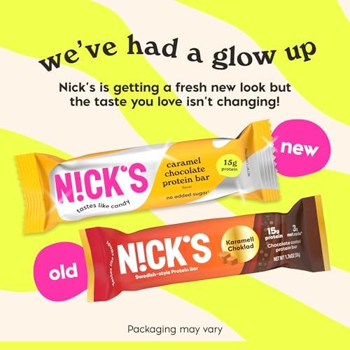 Nick’s Protein Bars Chocolate Caramel – 12-Count Box | Protein-Packed Snack, Low Calories, Low Carbs, Keto Friendly, No Added Sugar (12 bars x 50g)