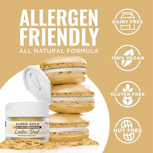 Luster Dust - Super Gold (4g 1x Jar) | Edible Vegan Dust & Paint for Cake Decorating, Ice Cream, Desserts, Cocktails and Beverages by Bakell