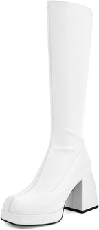 SOVANYOU Black Leather Boots Platform Boots for Women Fashion Square Toe Chunky Block Heeled Boots Side Zip
