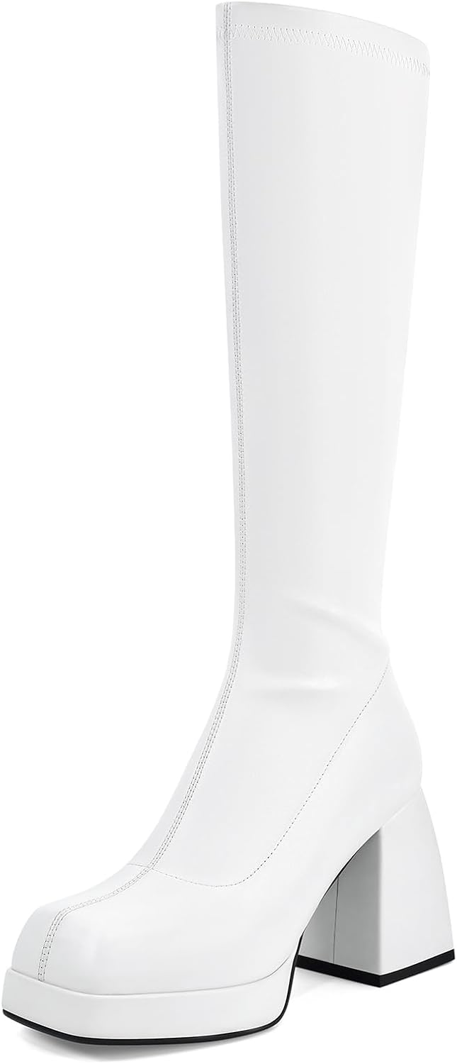 SOVANYOU Black Leather Boots Platform Boots for Women Fashion Square Toe Chunky Block Heeled Boots Side Zip