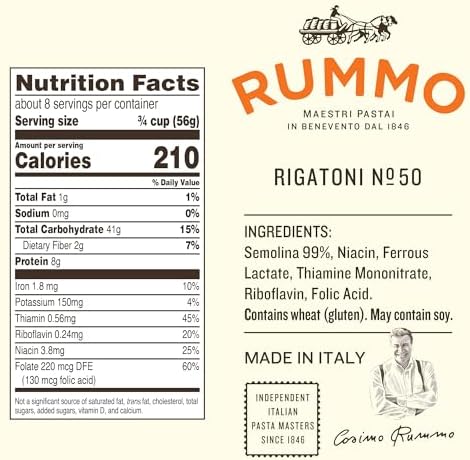 Rummo Rigatoni Pasta N.50 - Rigatoni Pasta Noodles, Italian Tube Pasta, Bronze Cut Pasta, Dry Pasta, Durum Wheat Pasta - 16 Ounce (Pack of 20)