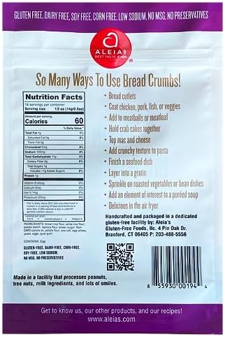 Aleia’s Gluten Free Plain Bread Crumbs – 7 oz (1 Pack) – Classic Gluten Free Breading – Dairy Free, Kosher, Low Sodium, Non-GMO