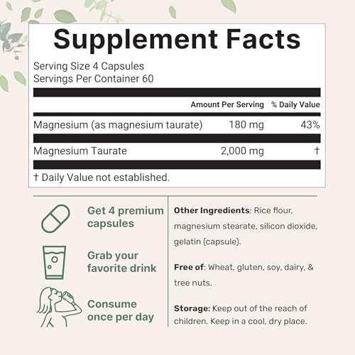 Magnesium Taurate 2,000mg, 240 Capsules | Highly Bioavailable Chelated Magnesium Supplement | Mineral Supplements for Men & Women | Non-GMO, Gluten Free