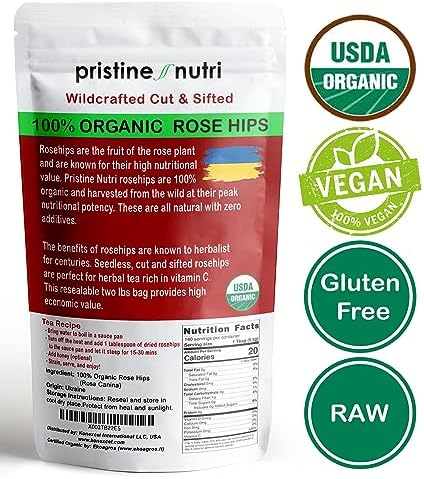 2 lb (32 oz) 100% USDA Organic Rose Hips Dried Bulk, Rosehips Cut & Sifted Shells, 95% Seedless, European All Natural, Makes 140 Cups of Vitamin C Rich Tea (Packaging May Vary)