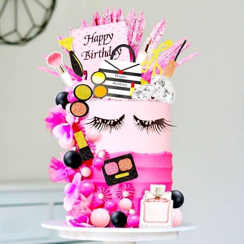 JeVenis Glamour Party Decorations - Pink Girl Birthday Cake Toppers with Balls, Palm Leaves & Spa Themes