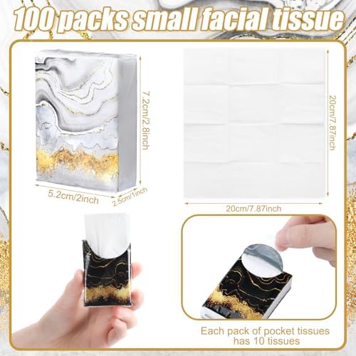 Fourluoo 100 Pack Spring Black White Gold Marble Pocket Tissues Individual Packs Bulk 3 Ply Mini Wallet Facial Tissues Travel Size for Summer Wedding Party Supplies