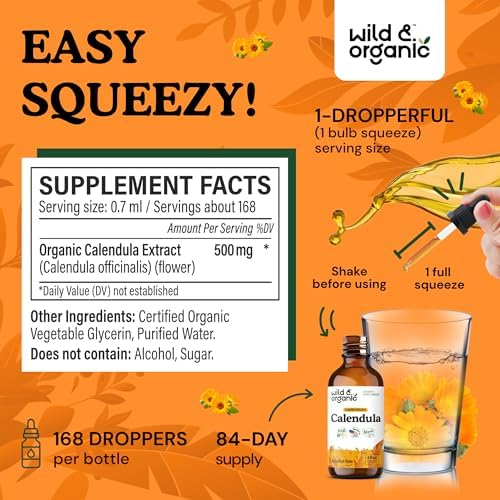 Wild & Organic Calendula Flowers Supplement - Antioxidant, Immune & Skin Support - Add to Tea Extract Drops - Calendula Herb Tincture - Vegan, Alcohol & Sugar-Free - 4 fl oz
