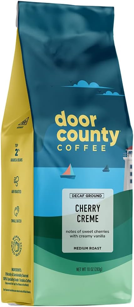 Door County Coffee Cherry Creme DECAF Flavored Coffee - 10oz Bag - Ground Medium Roast - 100% Arabica